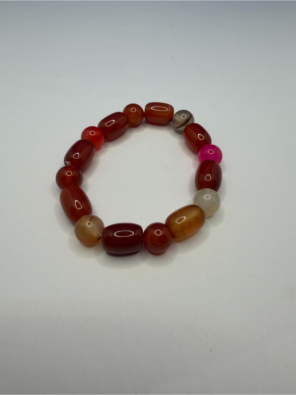 Stretch Beaded Bracelet Red Orange Pink Mixed Agate Stone Statement Jewelry